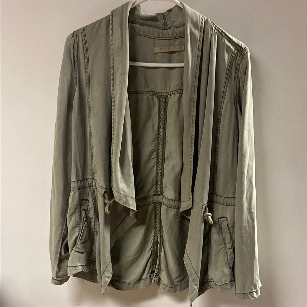 Max Jeans Green Jean Jacket with Open Front and Wide Lapels